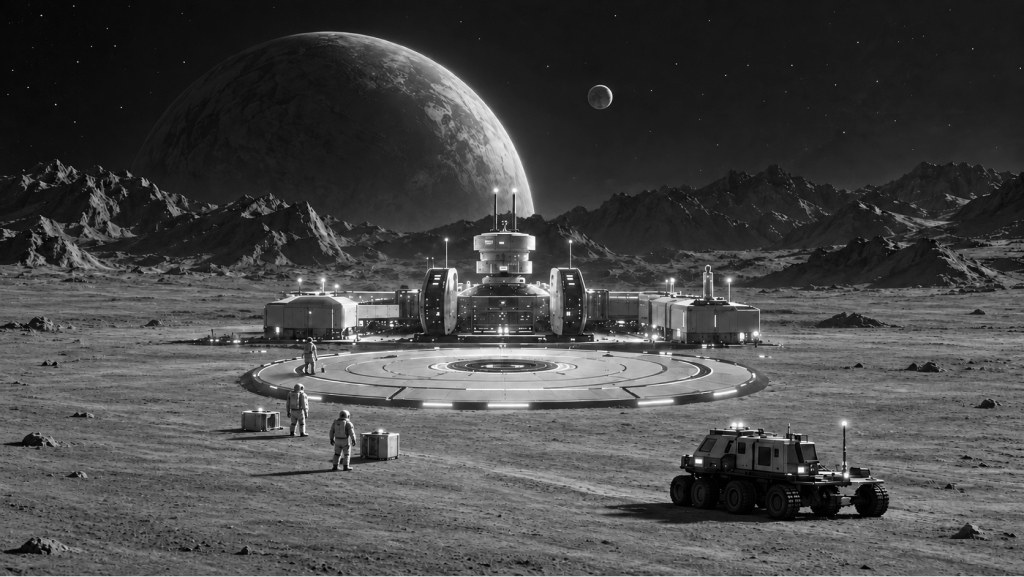 月球基地与远处行星的概念场景